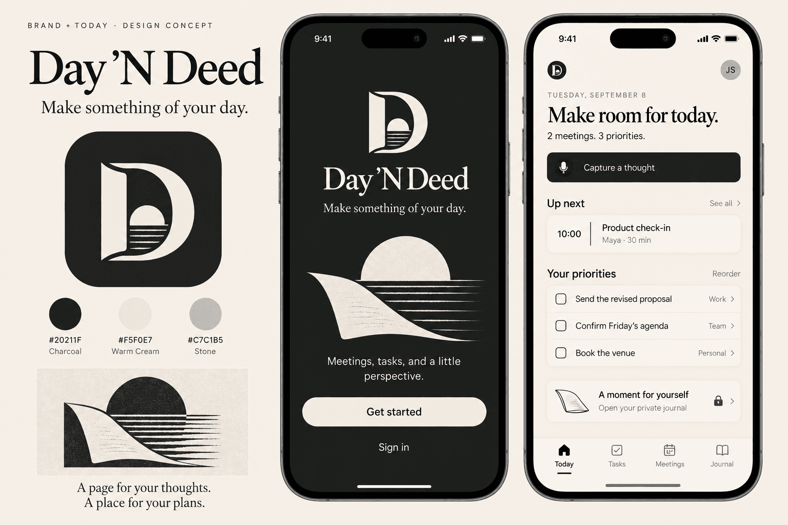 Day ’N Deed brand and proposed welcome and Today screens