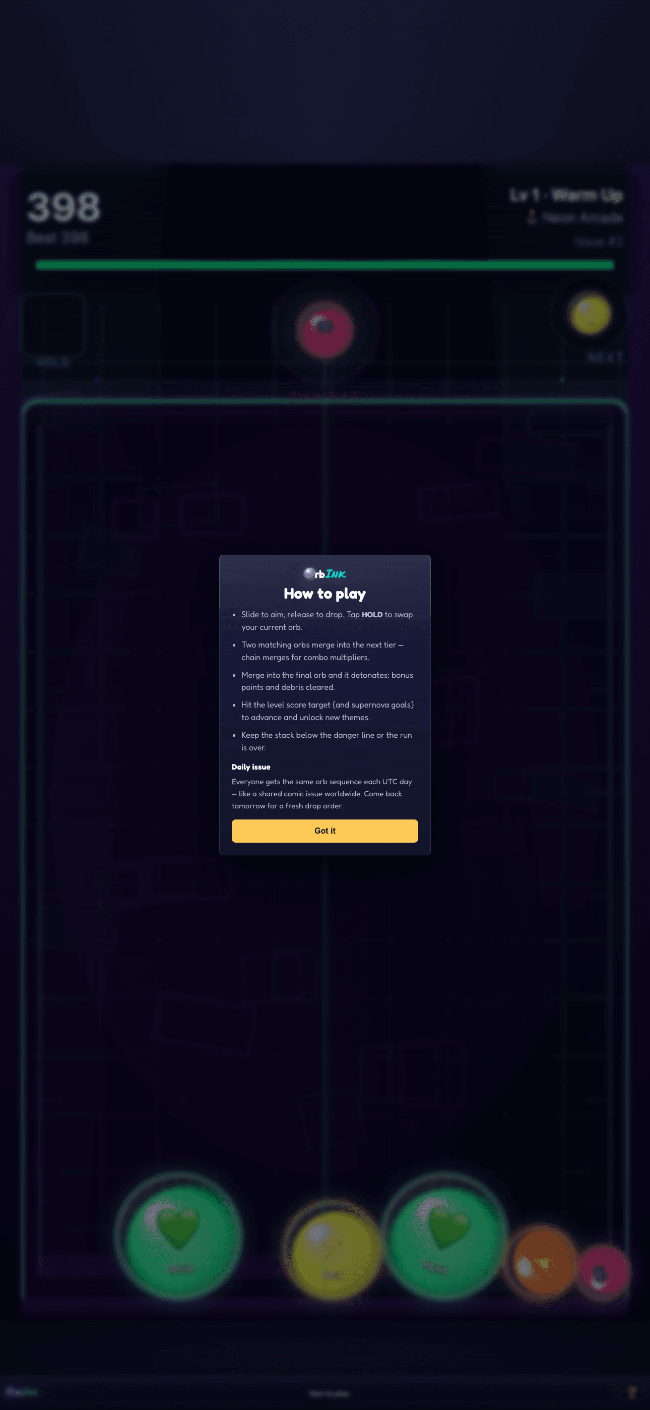 Orb Ink how to play instructions modal