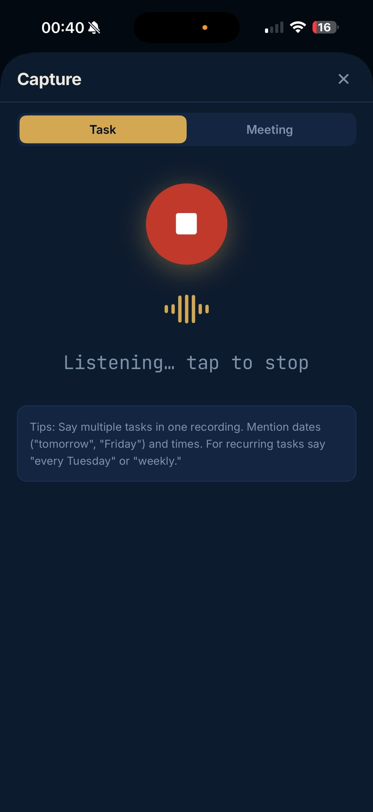 Sovereign Isla voice capture screen listening for a task