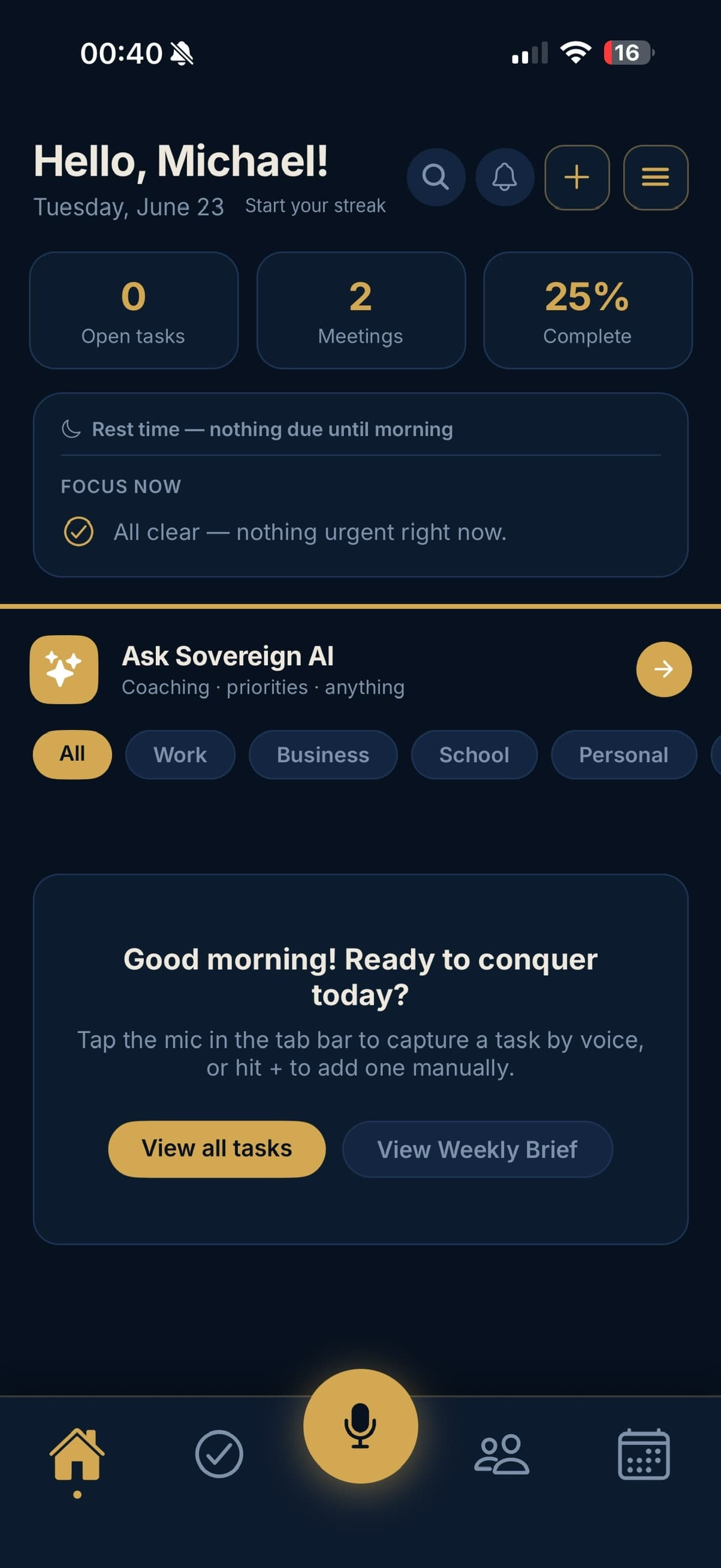 Sovereign Isla home dashboard screen