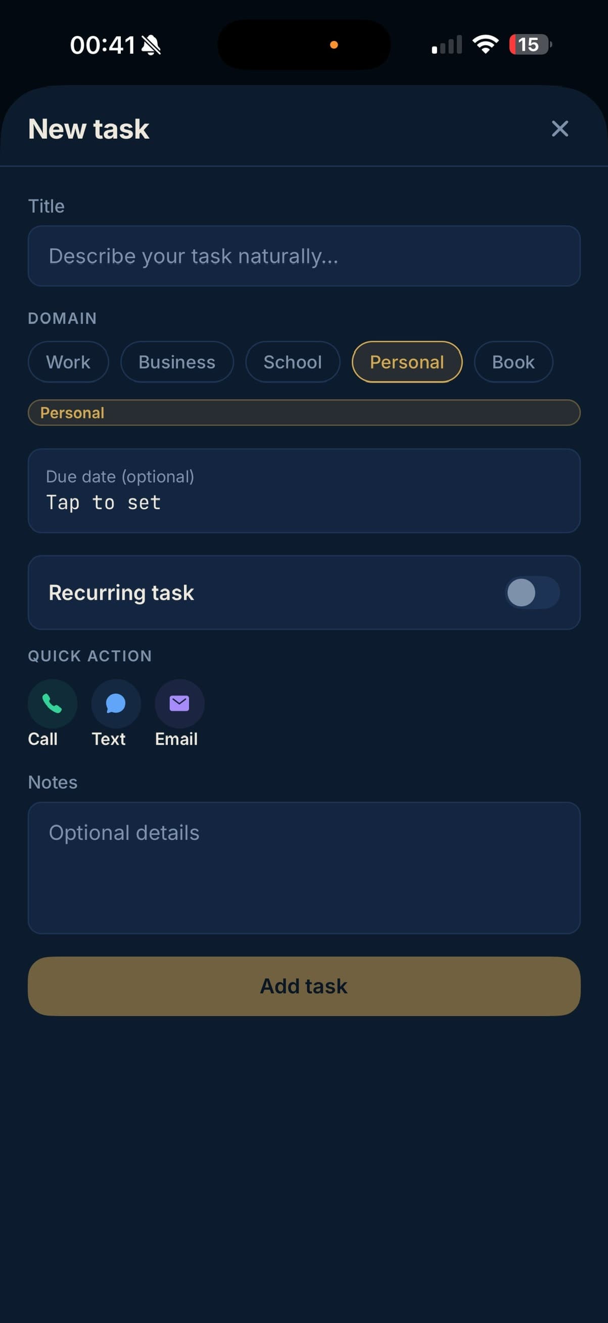 Sovereign Isla new task screen