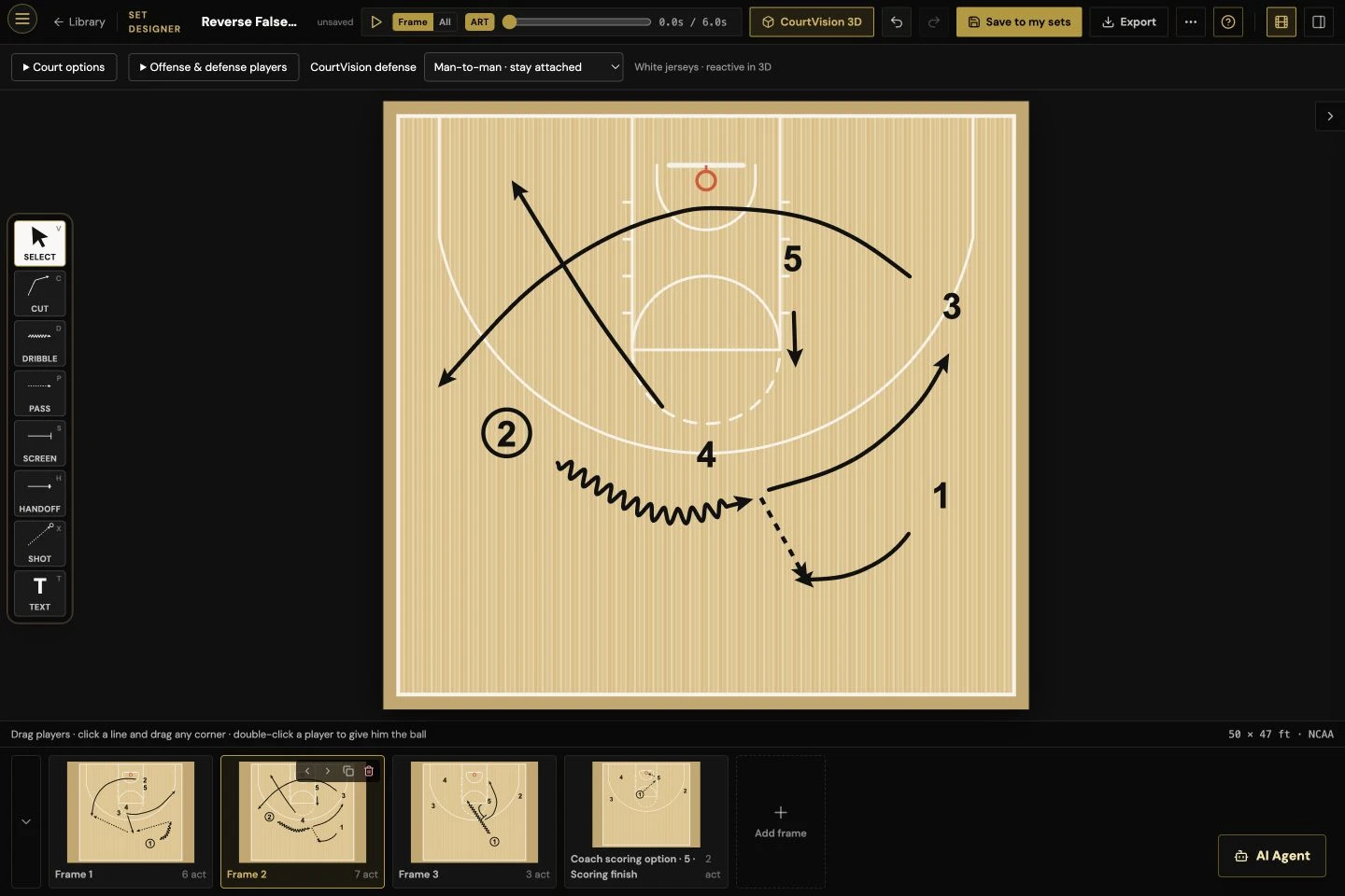 Actual CoachGrind basketball set designer with a four-frame sequence, cuts, passes and screens