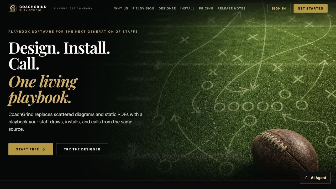 CoachGrind website showing its connected football playbook software