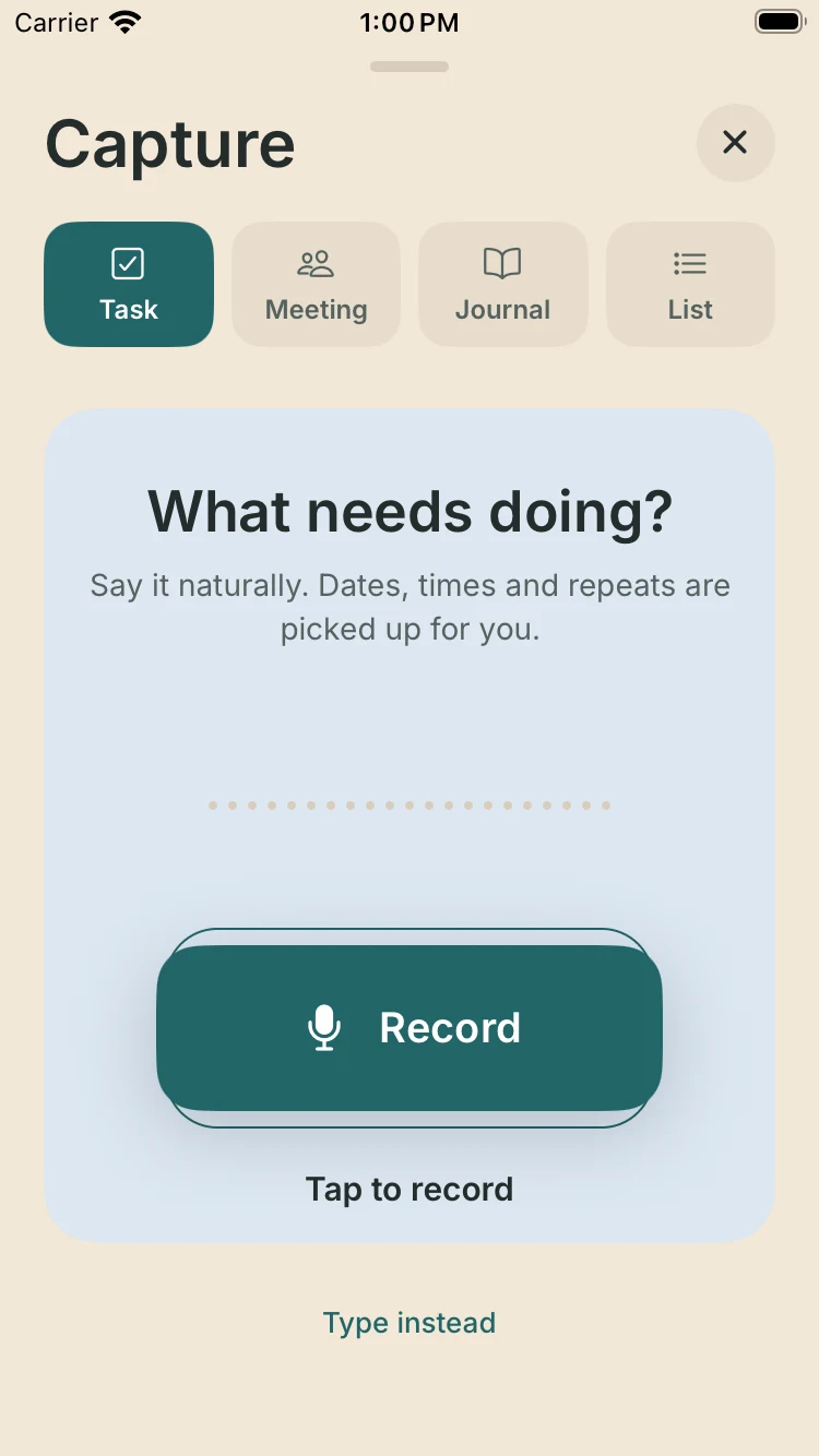 Day ’N Deed Capture on iPhone, with Task, Meeting, Journal and List choices