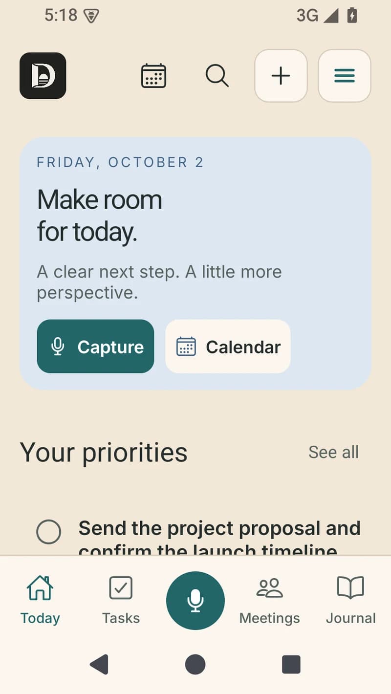 Day ’N Deed Today on Android with sample priorities and compact navigation
