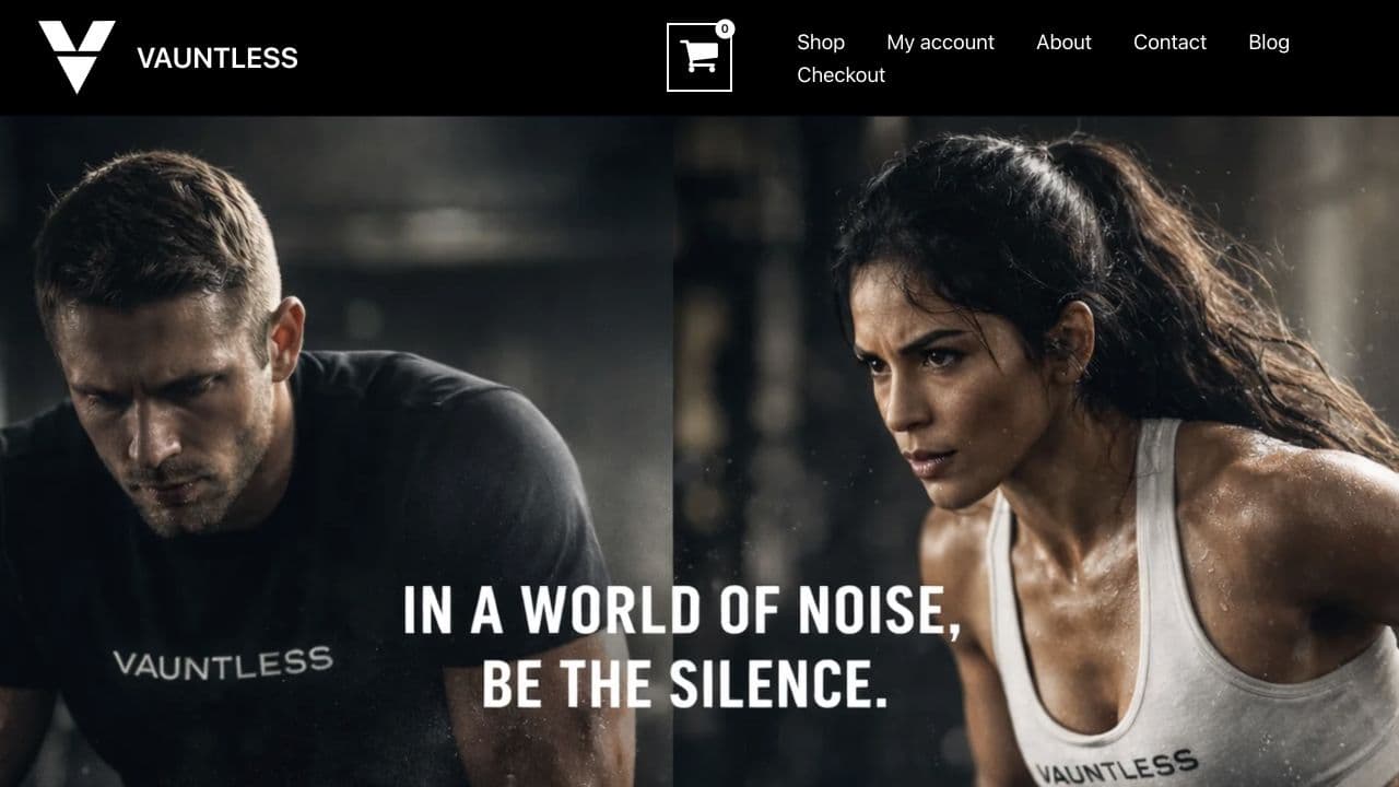 Vauntless website featuring athletic apparel and its In a world of noise, be the silence philosophy